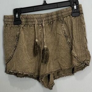 Earthbound Trading Co. Distressed Beaded Tassel Drawstring Shorts S resort beach